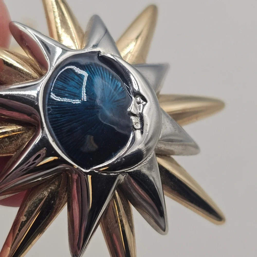 Celestial Sun & Moon Brooch Pin 2pc Gold Silver Tone Blue Enamel Rhinestone